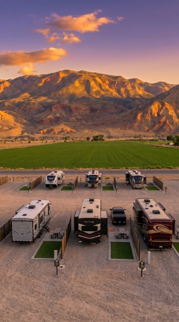 Aerial view of the upgraded RV sites and mountain views