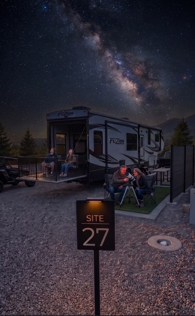 Guests stargazing with a telescope at their RV site under the Milky Way at Marysvale RV Park